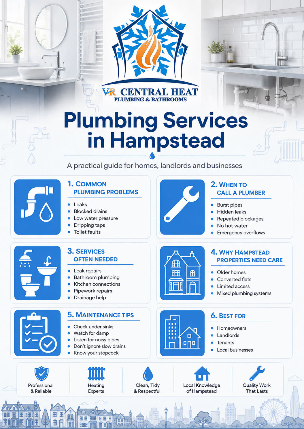Plumbing Services in Hampstead infographic by VR Central Heat