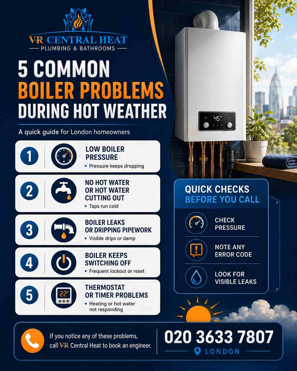 5 common boiler problems during hot weather infographic showing low boiler pressure, no hot water, leaks, boiler switching off and control faults