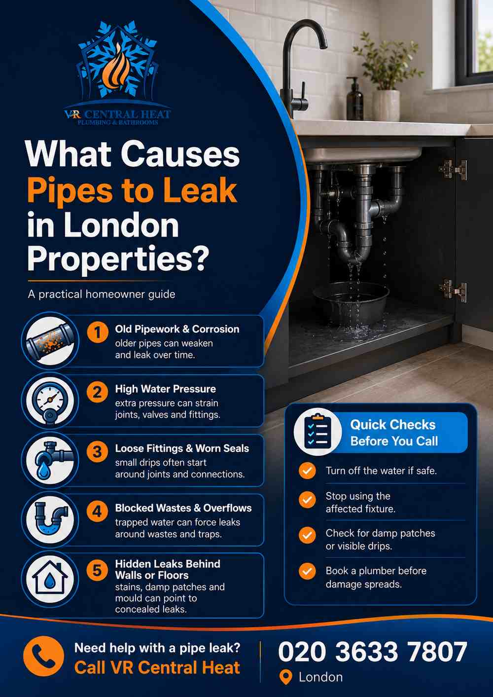 Infographic showing common causes of leaking pipes in London properties including old pipework, high water pressure, loose fittings, blocked wastes and hidden leaks