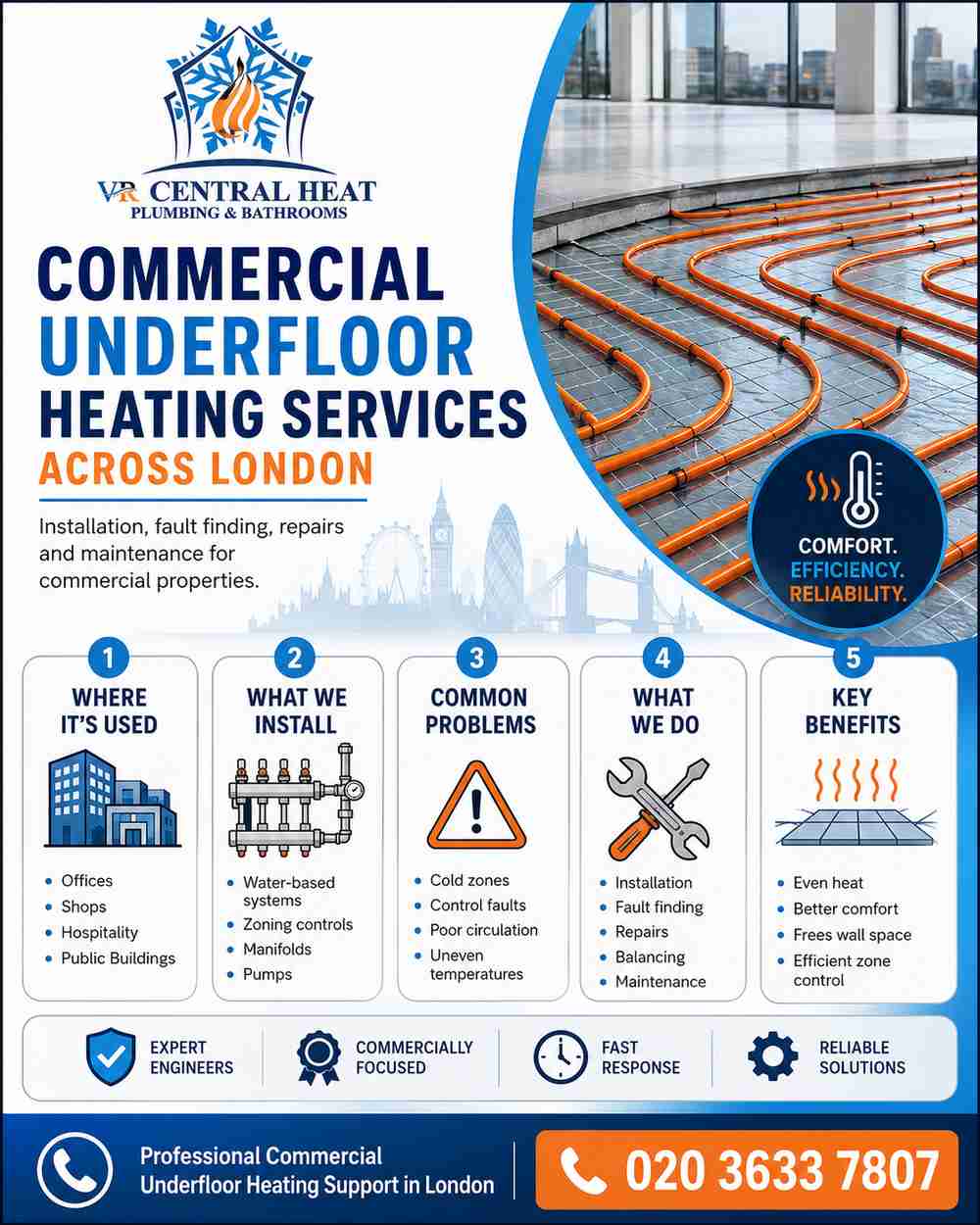 Commercial underfloor heating services in London, including installation, fault finding, repairs and maintenance