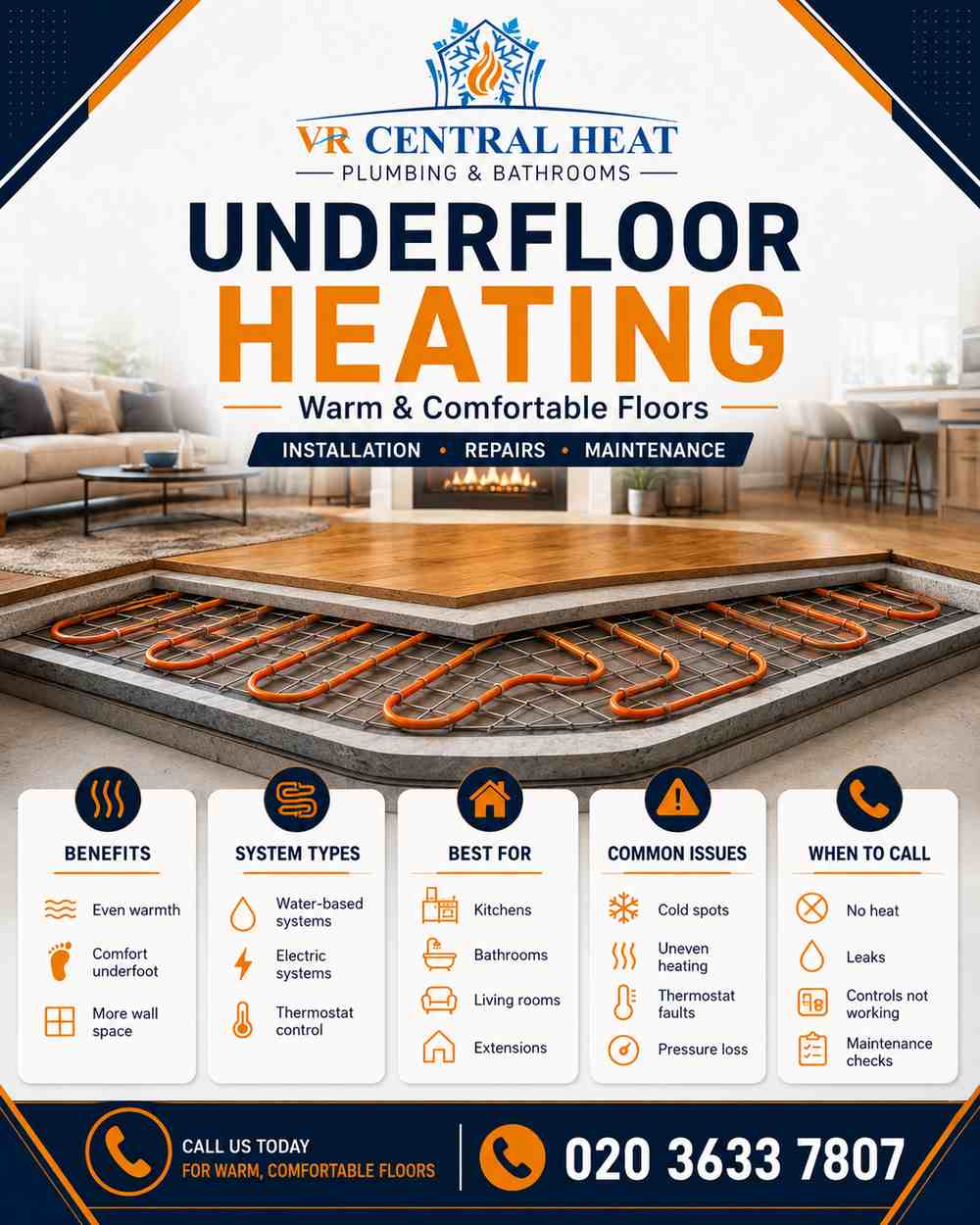 Underfloor heating services infographic showing benefits, system types, common issues and when to call an engineer