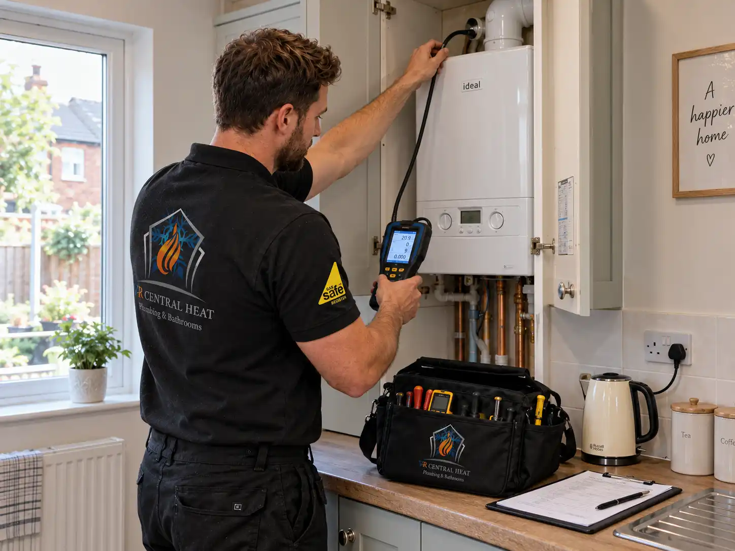 VR Central Heat engineer carrying out a gas safety inspection in a London home