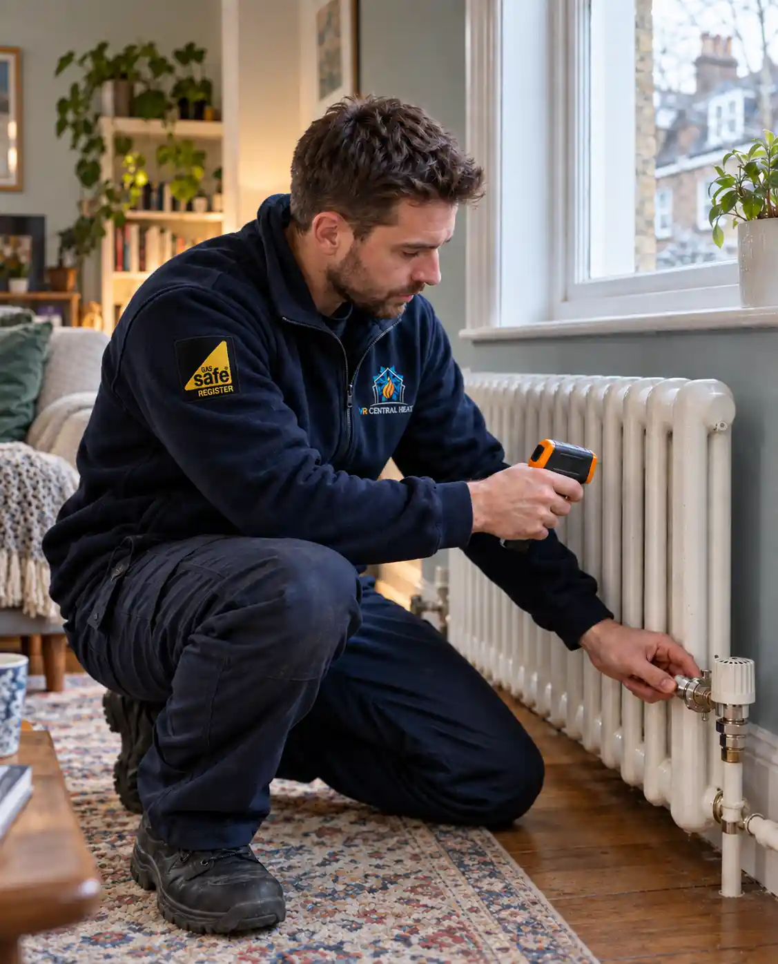 VR Central Heat engineer checking a radiator in a London home
