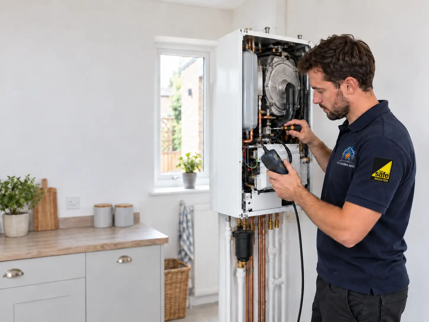 Heating engineer inspecting a domestic boiler