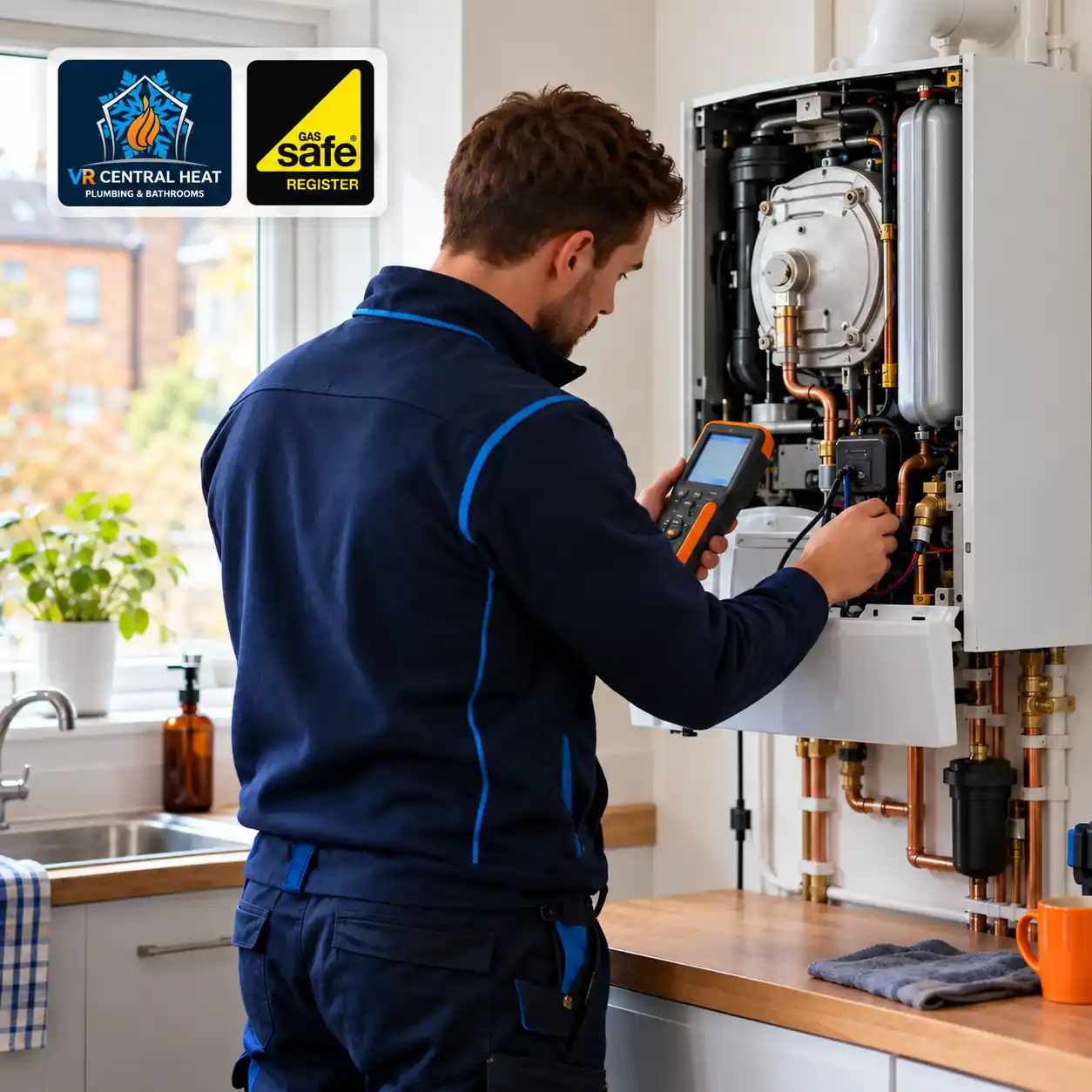 Heating engineer checking a domestic boiler